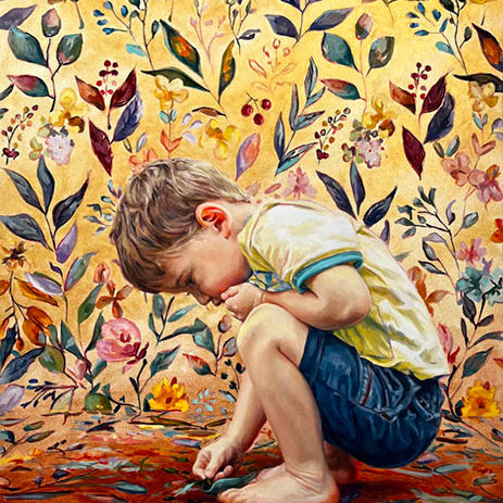 Stunning oil painting of a small boy picking up a leaf before a garden leaf and flower yellow wall paper; links to summer exhibition of Art by the Sea Gallery artists.