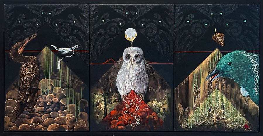Stunning large painting by Robin Slow representing Māori myths and legends with NZ native birds and designs.