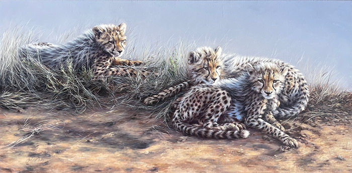 Beautiful original and highly realistic oil painting of fluffy cheetah cubs in the wild; wild animal paintings; wildlife art.