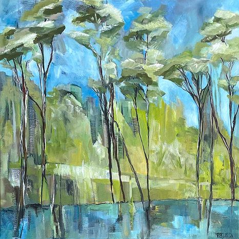 Original landscape painting of nz manuka trees against an abstract background; nz abstract landscape art by Rosemary Eagles artist.