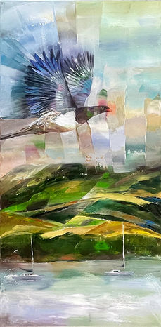 Bright abstract bird artwork of a kereru flying high above rolling green hills and soft water in Aotearoa New Zealand by Sheila Brown, bird artist.