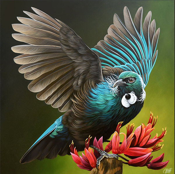 Perfectly painted, realistic oil painting of a NZ native tui bird perched on a flax flower; tui art; oil painting; NZ birds.