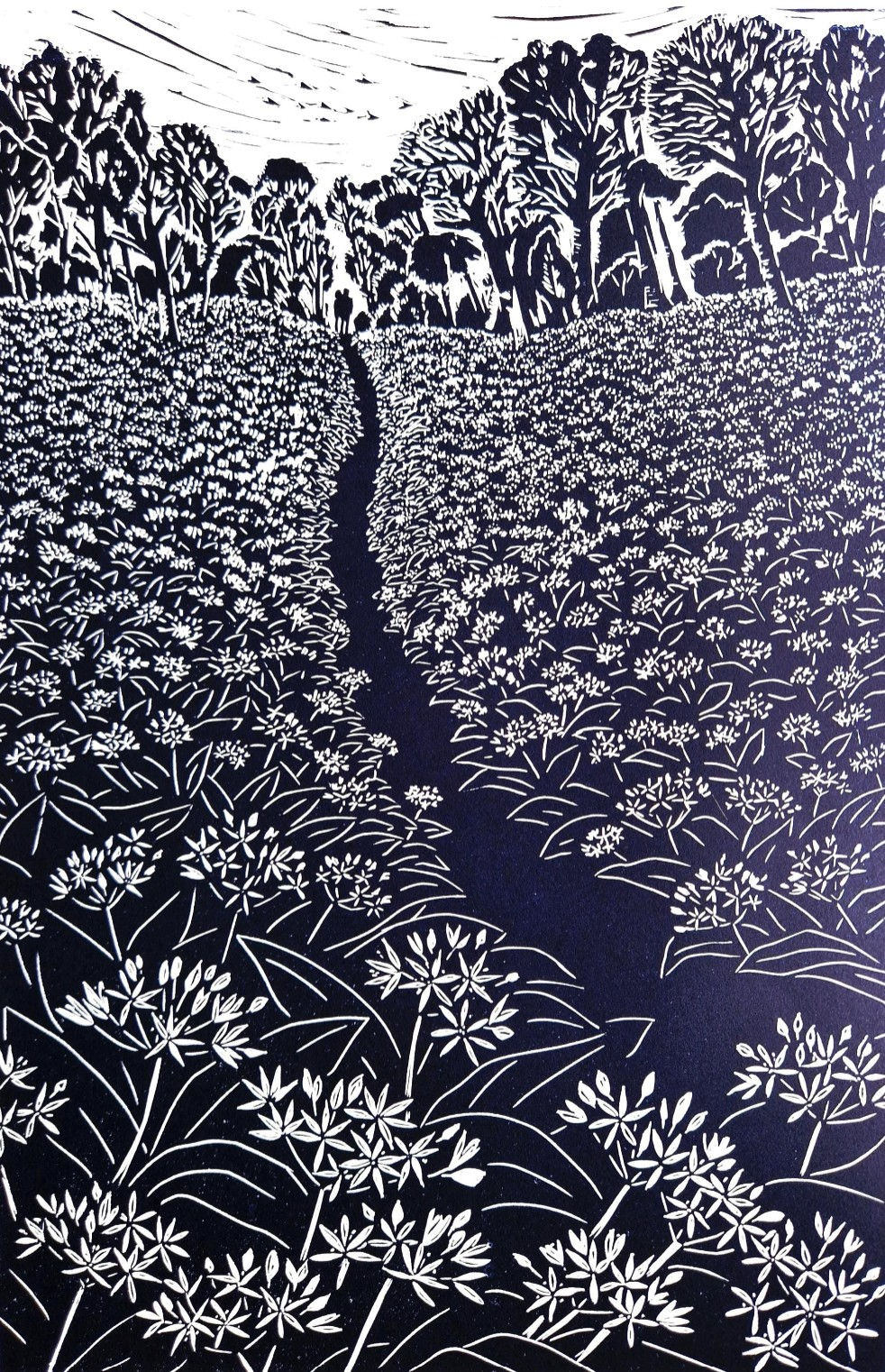 Wild Garlic Wood, handprinted linocut, dark blue