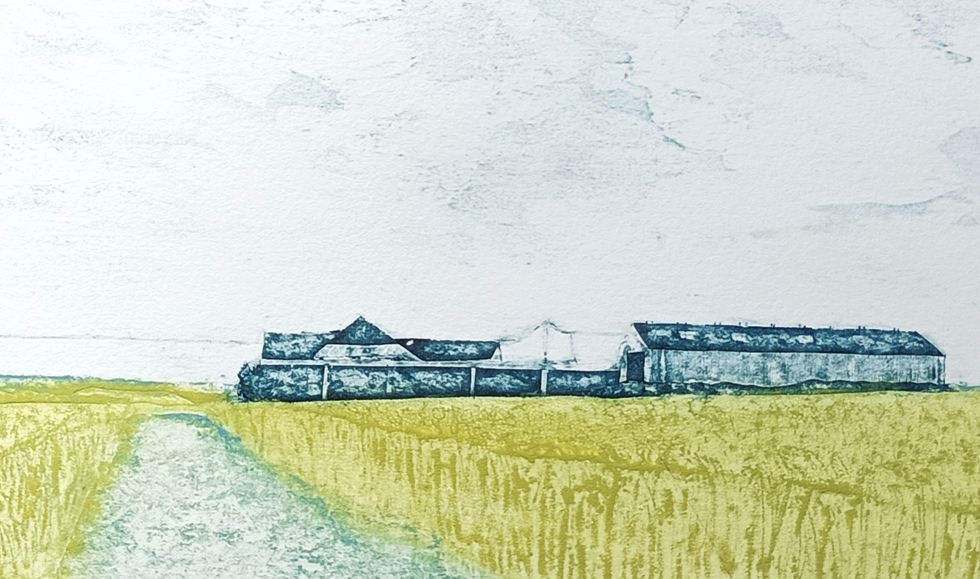 Wheatfields, Cotswolds farm, collagraph print by Jo Biggadike, Ambling Press