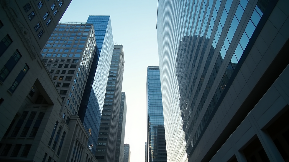 Eye-level view of a financial district skyline