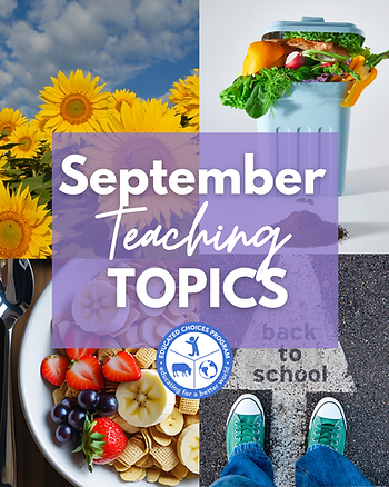 Collage of sunflowers, compost bin of produce, fruit plate, and teal sneakers on back to school pavement with September Teaching Topics