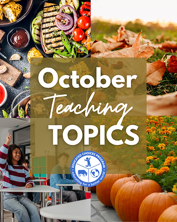 October Teaching Topics poster collage of autumn leaves, pumpkins, flowers, grilled vegetables, and students in a classroom.