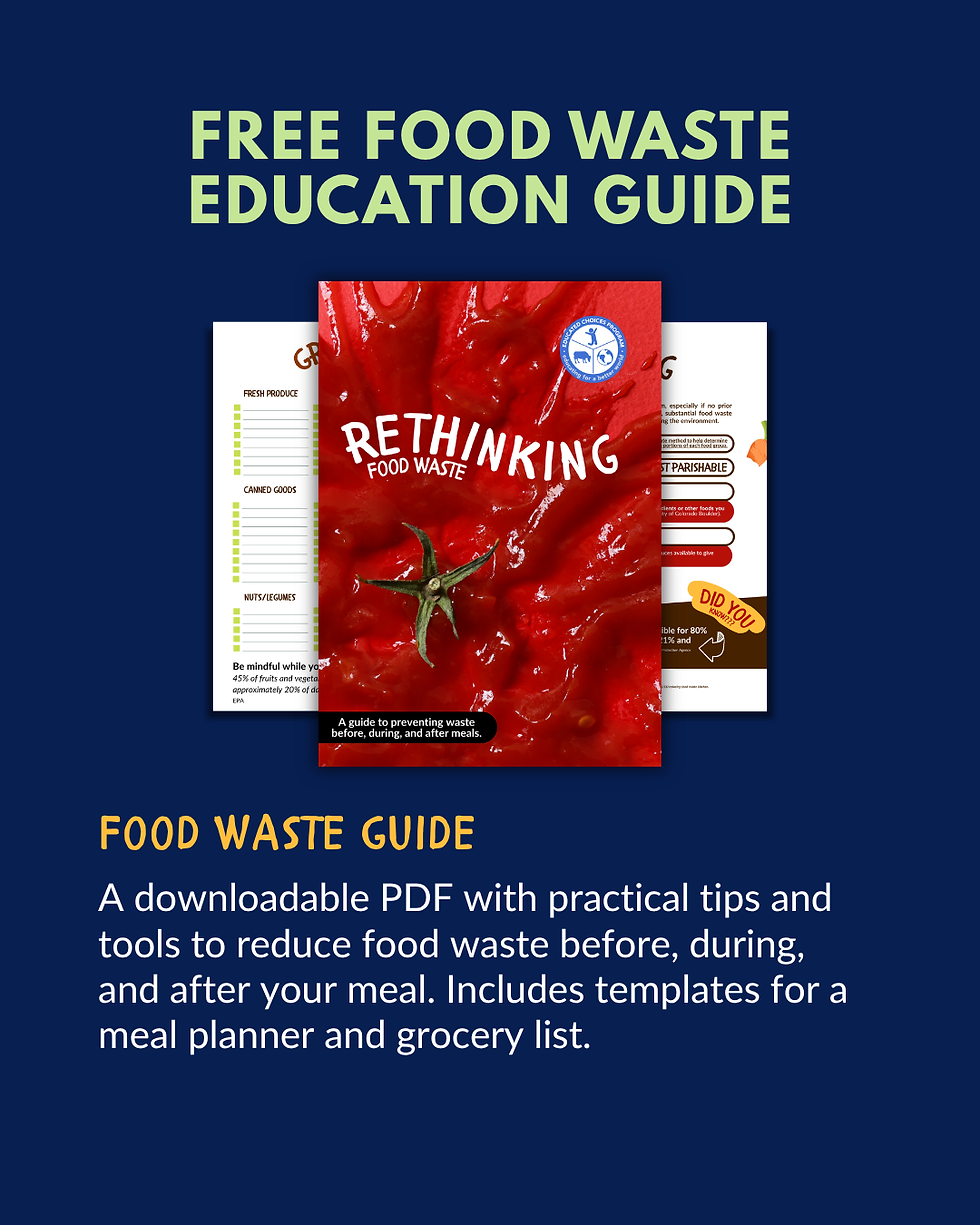 Blue poster advertising a free food waste education guide, with a red tomato cover reading Rethinking Food Waste and sample pages.