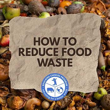 Sign reading How to reduce food waste on a background of rotting fruits and vegetables, with a blue Educated Choices Program logo.