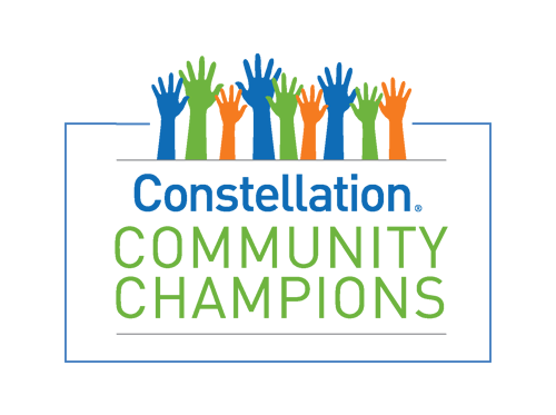 Hands in blue, green, and orange raised above "Constellation Community Champions" text, suggesting participation and community spirit.