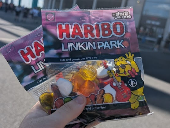 Two packets of the Linkin Park Haribo, available at the merch stands at Wembley Stadium
