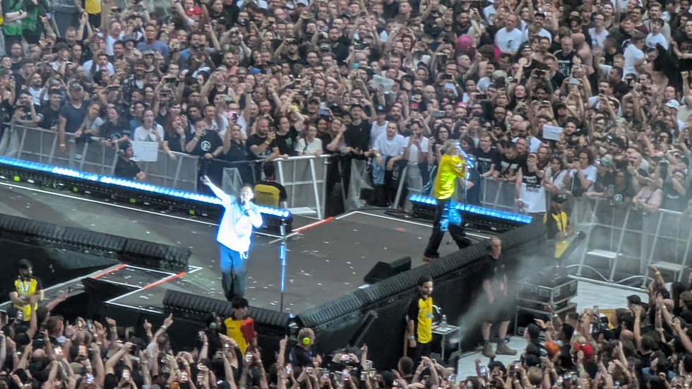 Linkin Park vocalists Mike Shinoda and Emily Armstrong on stage at Wembley Stadium