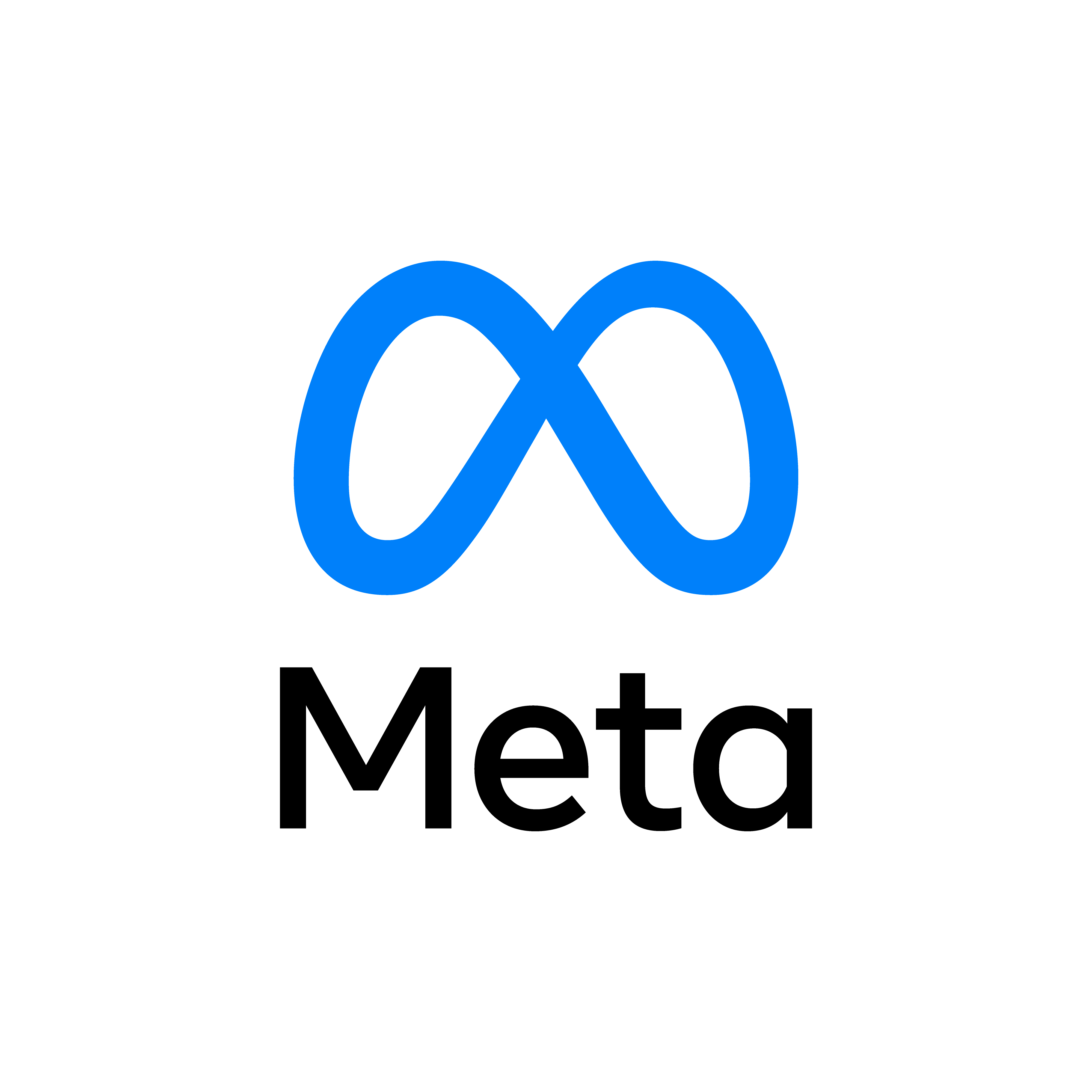 Blue Meta logo, resembling an infinity symbol, centered above the word "Meta" in bold black text on a white background. This image represents the branding of Meta Platforms Inc., the parent company of Facebook, Instagram, and WhatsApp.