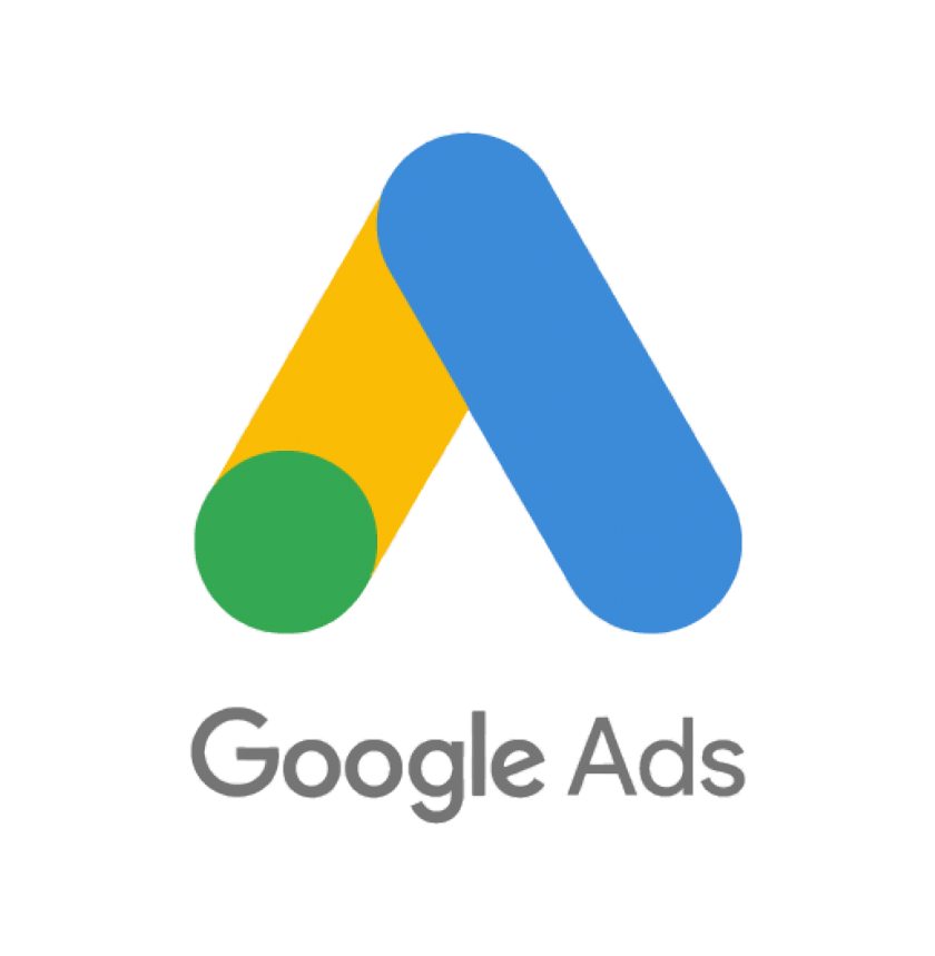 Google Ads logo featuring a stylized capital "A" shape with a blue diagonal bar, a yellow diagonal bar, and a green circle at the bottom left, with the text "Google Ads" written below in gray. This image represents Google's online advertising platform for businesses.
