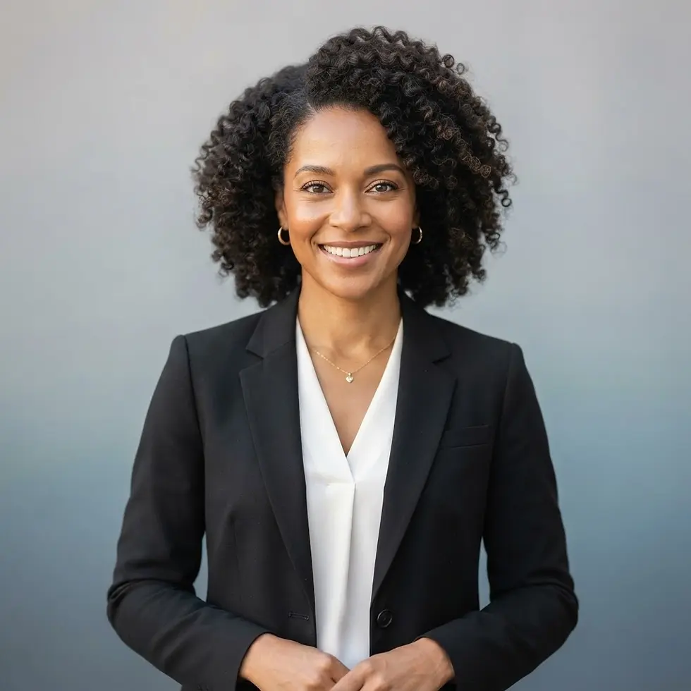 Studio photography of a professional Black woman smiling confidently. Her warm expression and business attire convey approachability and competence.