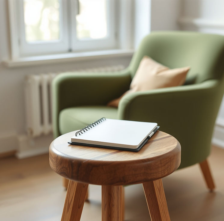 Notepad resting on a wooden stool next to a green armchair in a light, airy room