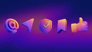 A set of five 3D digital icons with a gradient color scheme of purple, pink, and orange on a dark blue and purple gradient background. The icons include an 'at' symbol (@), a navigation arrow, a shield with a checkmark, a bookmark, and a thumbs-up hand gesture.