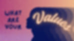 Silhouette with "Values" on forehead, text "What are your" beside. Purple gradient background with yellow dots, introspective mood.