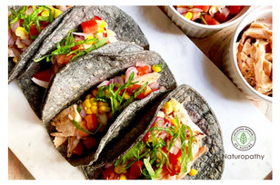 Salmon Tacos with green shiso salsa sauce