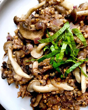 Kasha pilaf with mushrooms & shiso