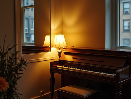 Busy adult practicing piano on a compact upright in a cozy NYC apartment
