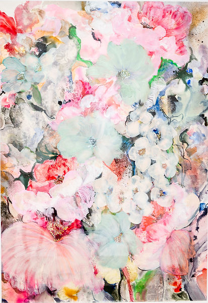 Bloom 2. Mixed media på akvarelpapir. 70cm x 100cm