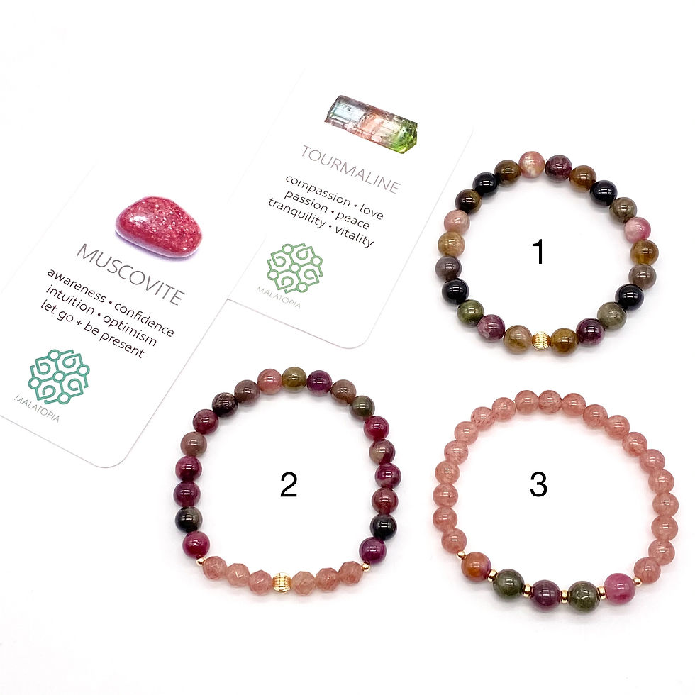 Thumbnail: stack of beautiful bracelets created with pink tourmaline and muscovite