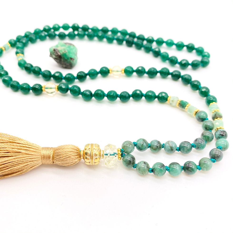 Thumbnail: green beaded japa mala necklace with green onyx, emerald and citrine beads