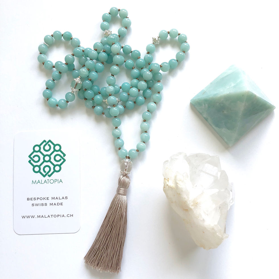 Thumbnail: Mala bead necklace made with turquoise amazonite and clear quartz beige silktassel