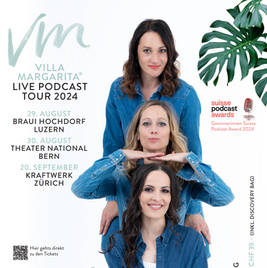 Flyer Einladung Live Podcasts Villa Margarita 2024 mit Songs der wundervollen Nina Dubois (Produzentin Jingle Villa Margarita)