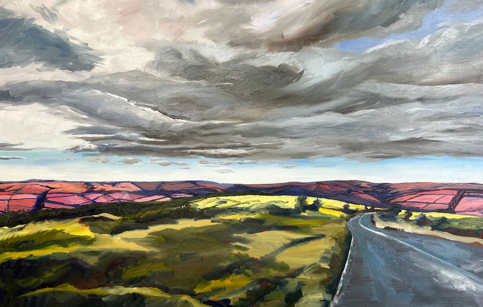 Road to nowhere, painting of a country road with pink hills in background and grey, stormy sky