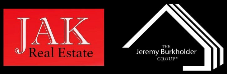 Combined JAK Real Estate and The Jeremy Burkholder Group logo on black and red background, wide landscape.