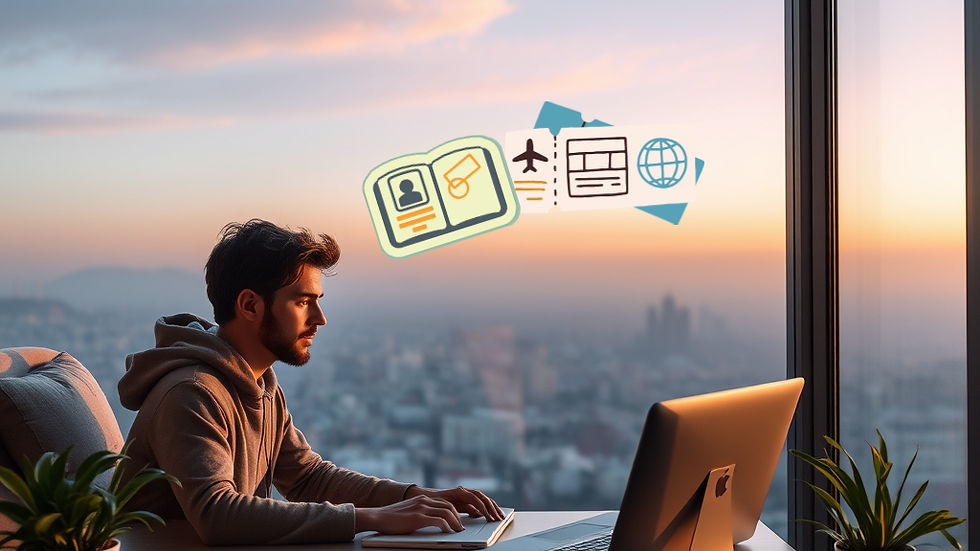 Hombre trabajando en computadora con iconos de viaje y vista al atardecer.