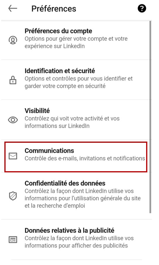 chemin d'accès communications sur téléphone pour confirmation de lecture sur linkedin