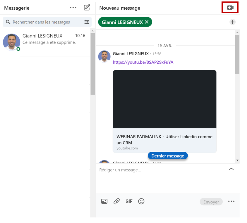créer une réunion vidéo via la messagerie linkedin