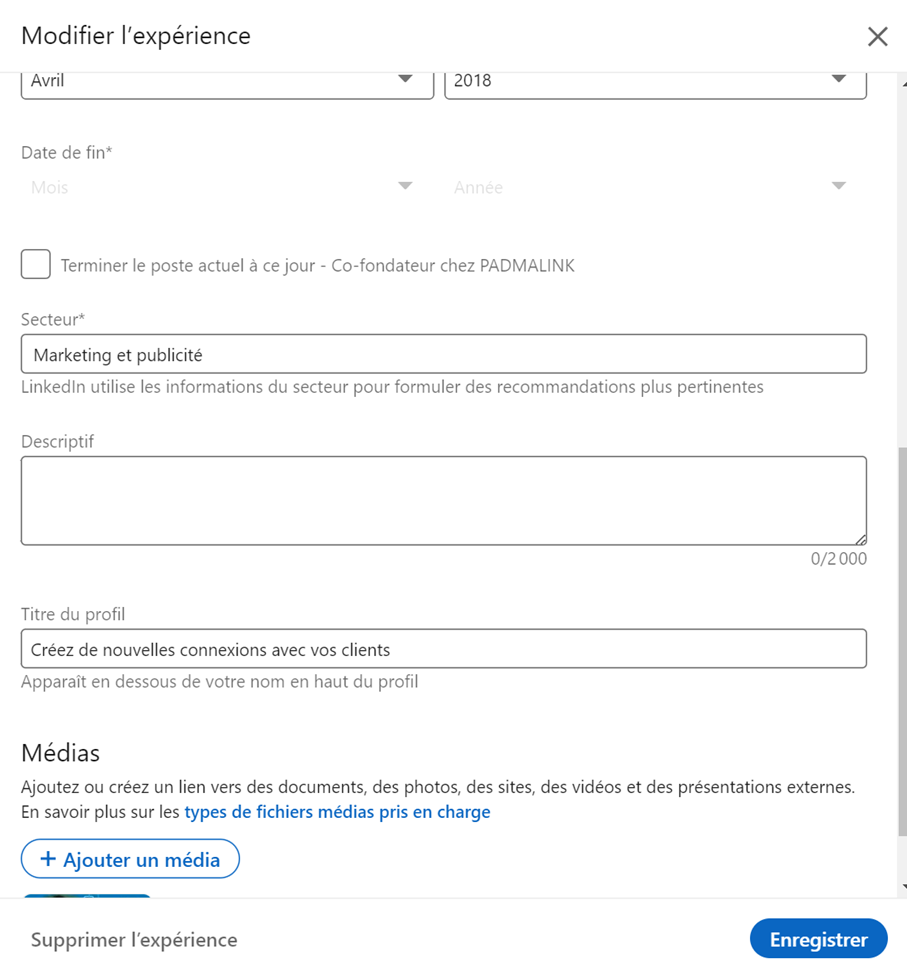 modifier expérience linkedin