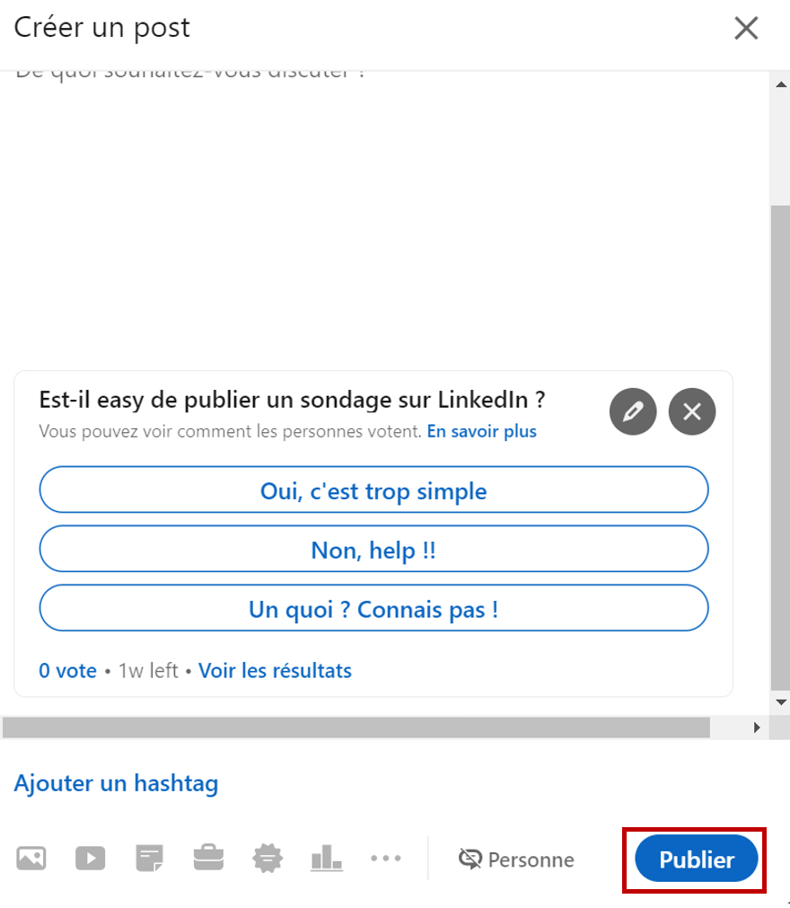 Image montrant l'étape finale avant de publier le sondage : mise en avant d'une description et d'hashtags