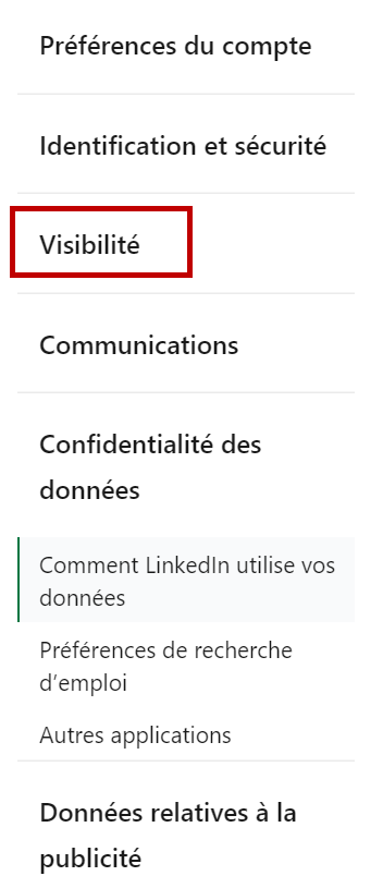 Accès à la catégorie "visibilité" pour bloquer en mode privé