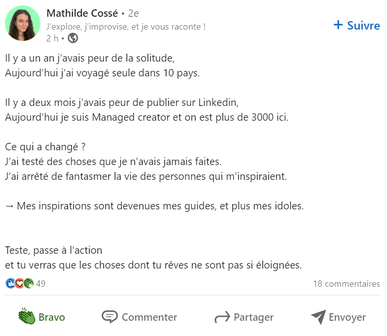 post réaction linkedin bravo