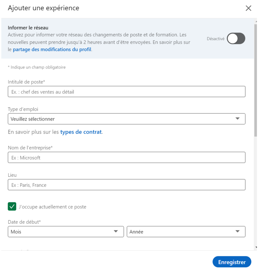 image montrant les informations à rentrer pour l'ajout d'une expérience linkedin