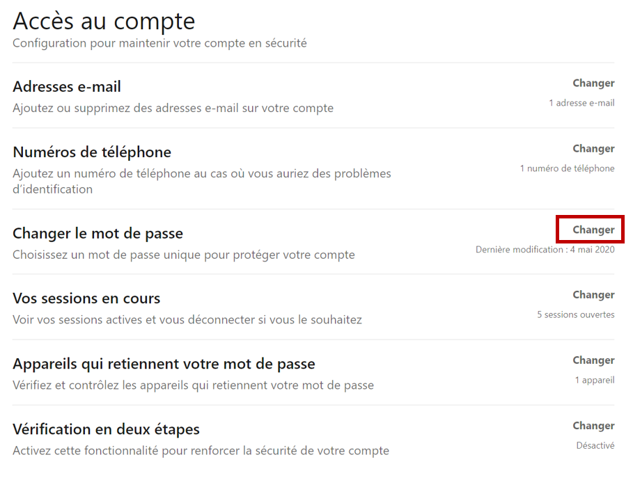 Image montrant comment changer son mot de passe LinkedIn