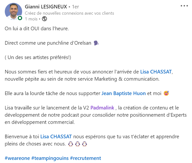 exemple de post linkedin avec une personne taguée