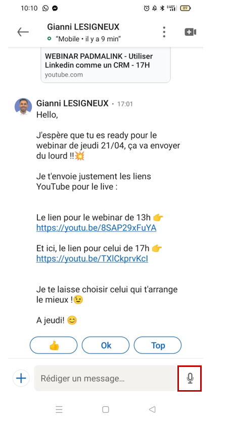 envoyer un message vocal via la messagerie linkedin