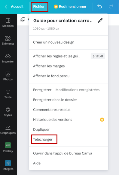 Chemin d'accès pour télécharger son carrousel sur canva