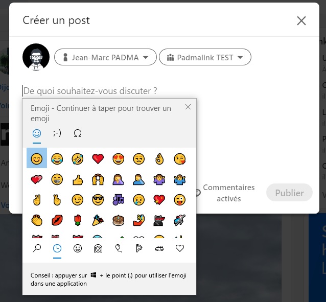 raccourci clavier pour insérer un émoji dans un post LinkedIn