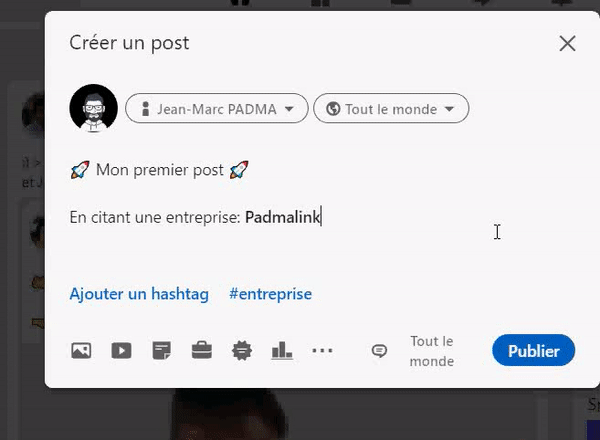 GIF chemin d'accès publication d'un post citant une entreprise