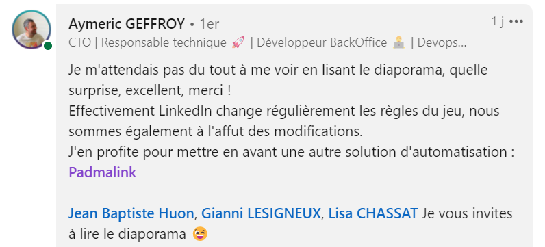 exemple de commentaire linkedin avec une entreprise et personne taguées