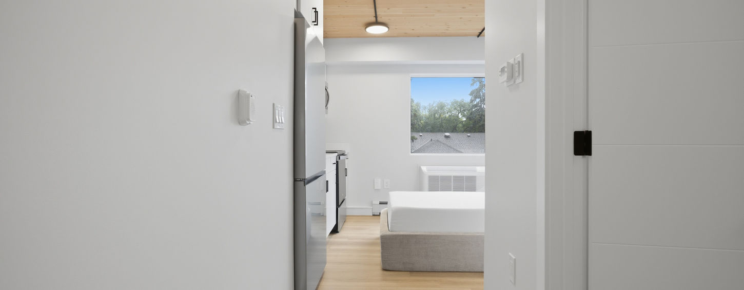 View from the front door of a furnished bachelor suite at College Station, Varsity View, Saskatoon