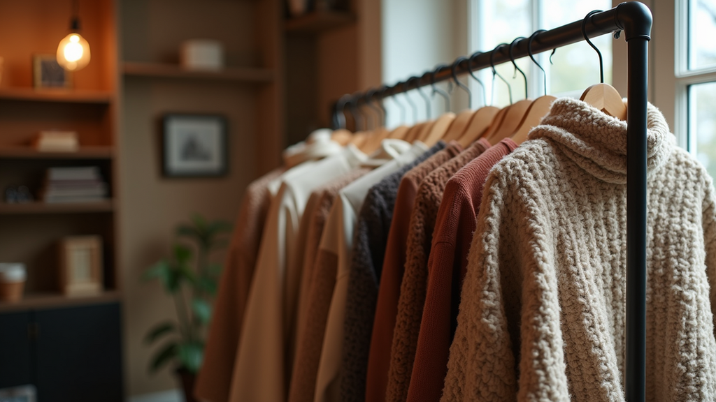 Eye-level view of a cozy outfit ensemble on a rack