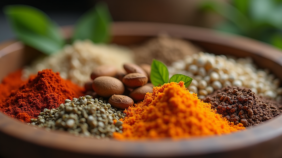 Close-up view of Ayurvedic herbs and spices